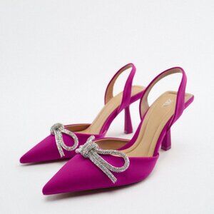 ZARA Fuchsia Pink Satin Embellished Crystal Bow Sling Back Heels